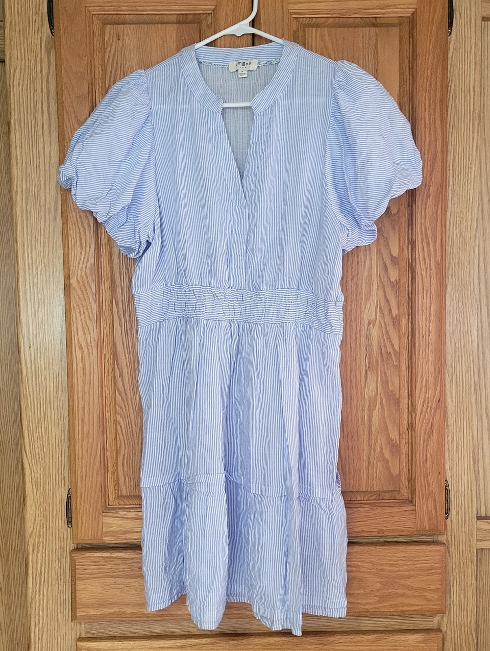 Umgee Baby Blue And White Pinstripe Dress With Bubble Short Sleeves, Size M